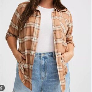 Torrid Lizzie Long Sleeve Tunic Flannel Shirt Anna Plaid Tan- Size 2